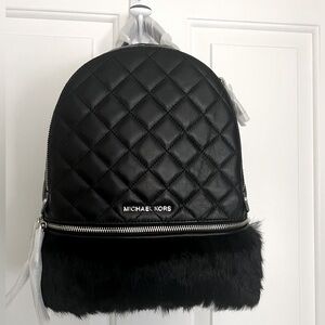 Michael Kors Rhea Tech Backpack Black Leather with Fur Trim BRAND NEW W/TAGS